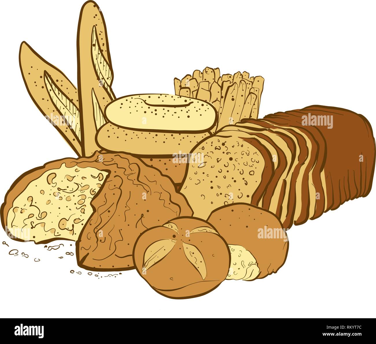 Produits de boulangerie, composition colorée à la main vector illustration Illustration de Vecteur