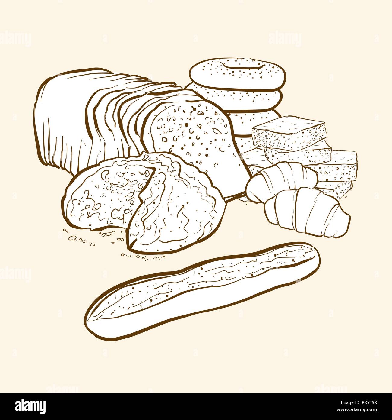 Collection de produits de boulangerie, vector illustration dessinée à la main Illustration de Vecteur