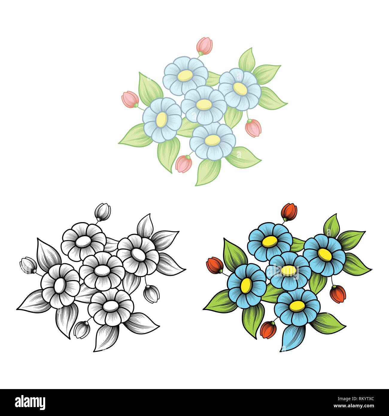 Ensemble de trois différents éléments de décoration florale couleur isolé sur fond blanc Illustration de Vecteur
