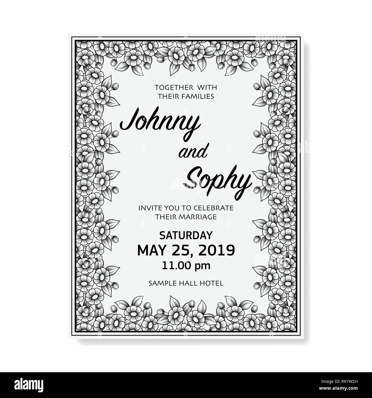 Carte d'invitation mariage blanc avec cadre marguerites fleurs isolé sur fond blanc Illustration de Vecteur