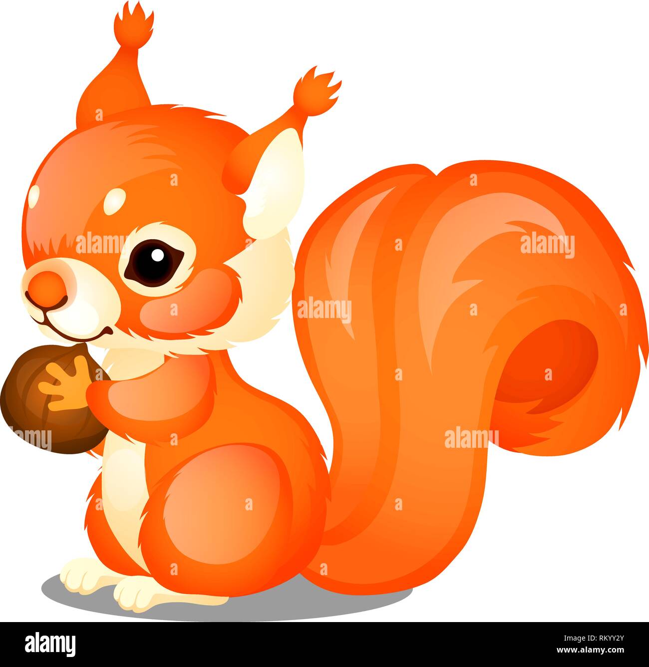 Animé mignon écureuil moelleux et de l'écrou isolé sur fond blanc. Cartoon Vector illustration close-up. Illustration de Vecteur