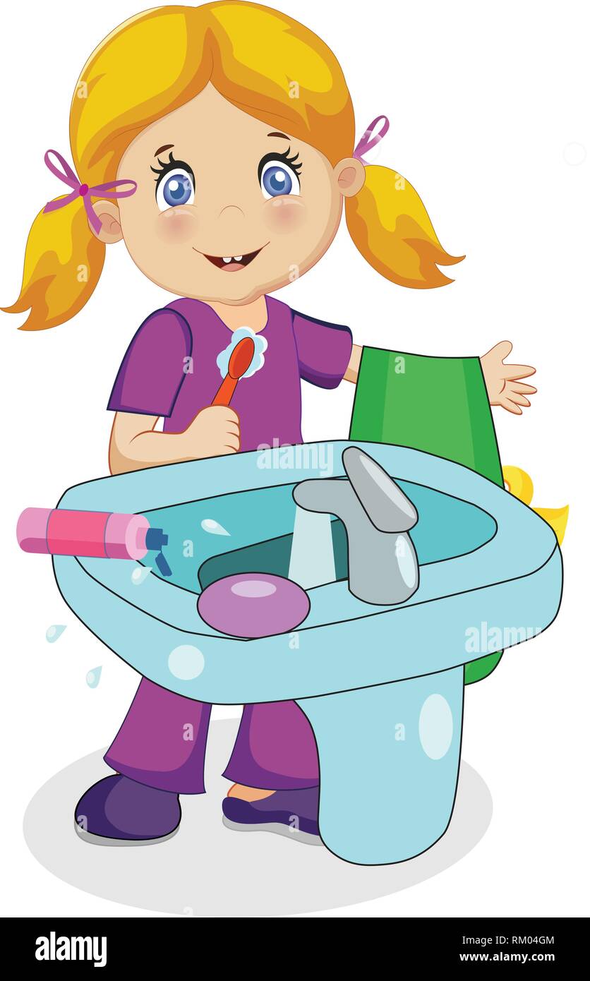 Cute Smiling Baby Girl personnage avec des cheveux blonds se brosser les dents à l'évier de salle de bains isolé sur fond blanc. Brosse à dent et une serviette à la main. Enfant Illustration de Vecteur