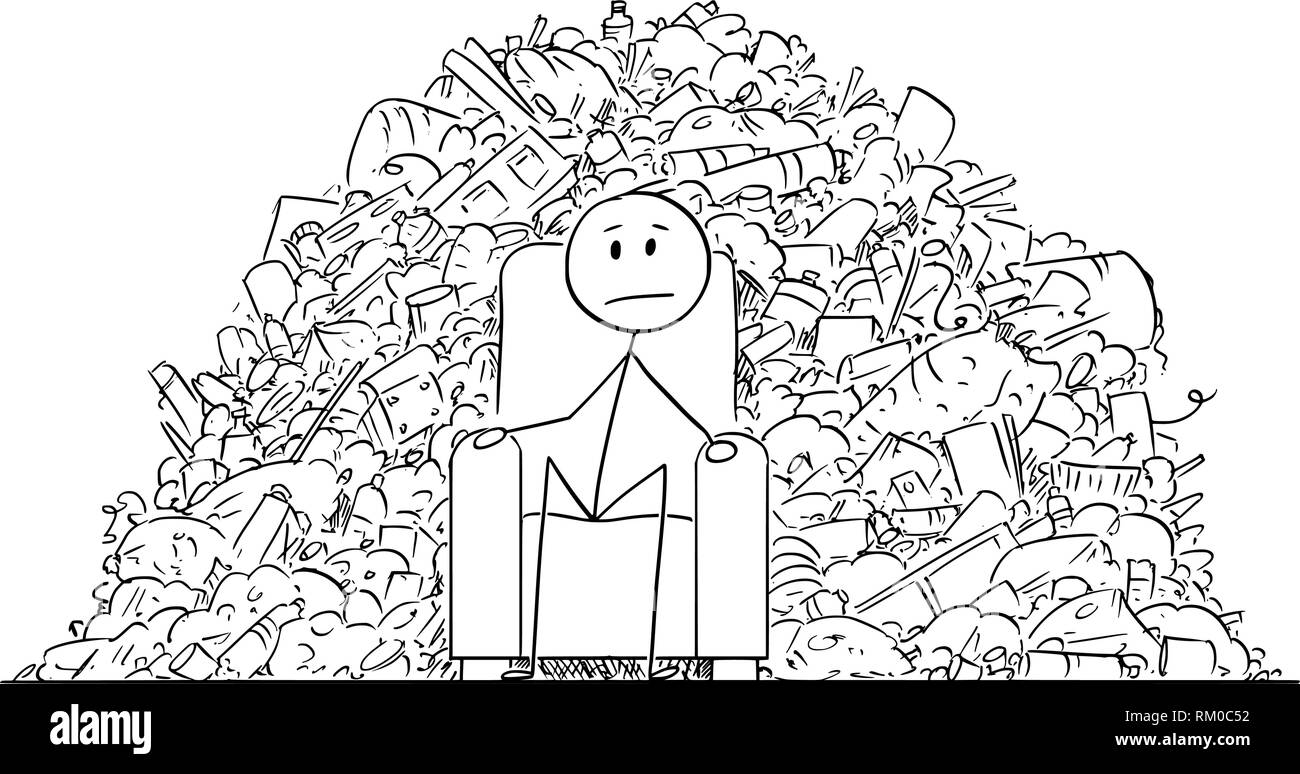 Caricature de l'homme ou homme assis sur un fauteuil entouré de tas de déchets en plastique Illustration de Vecteur