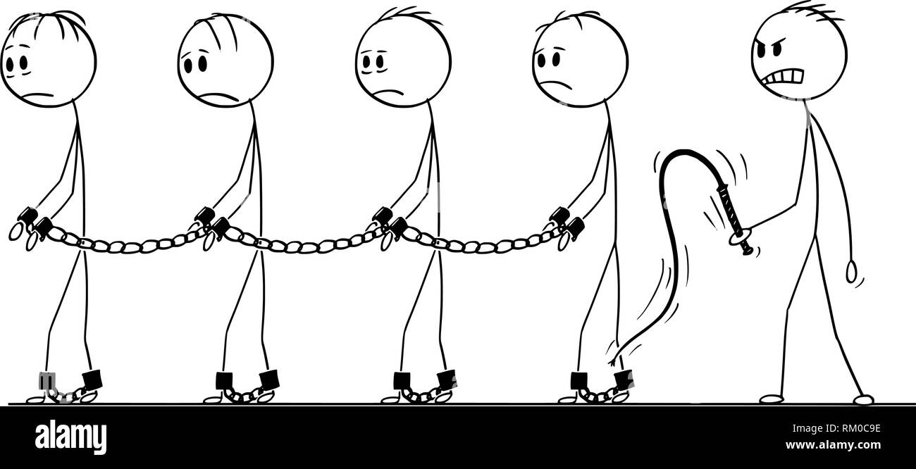 Caricature de la ligne d'esclaves marcher dans les chaînes et maître des esclaves avec whip Illustration de Vecteur