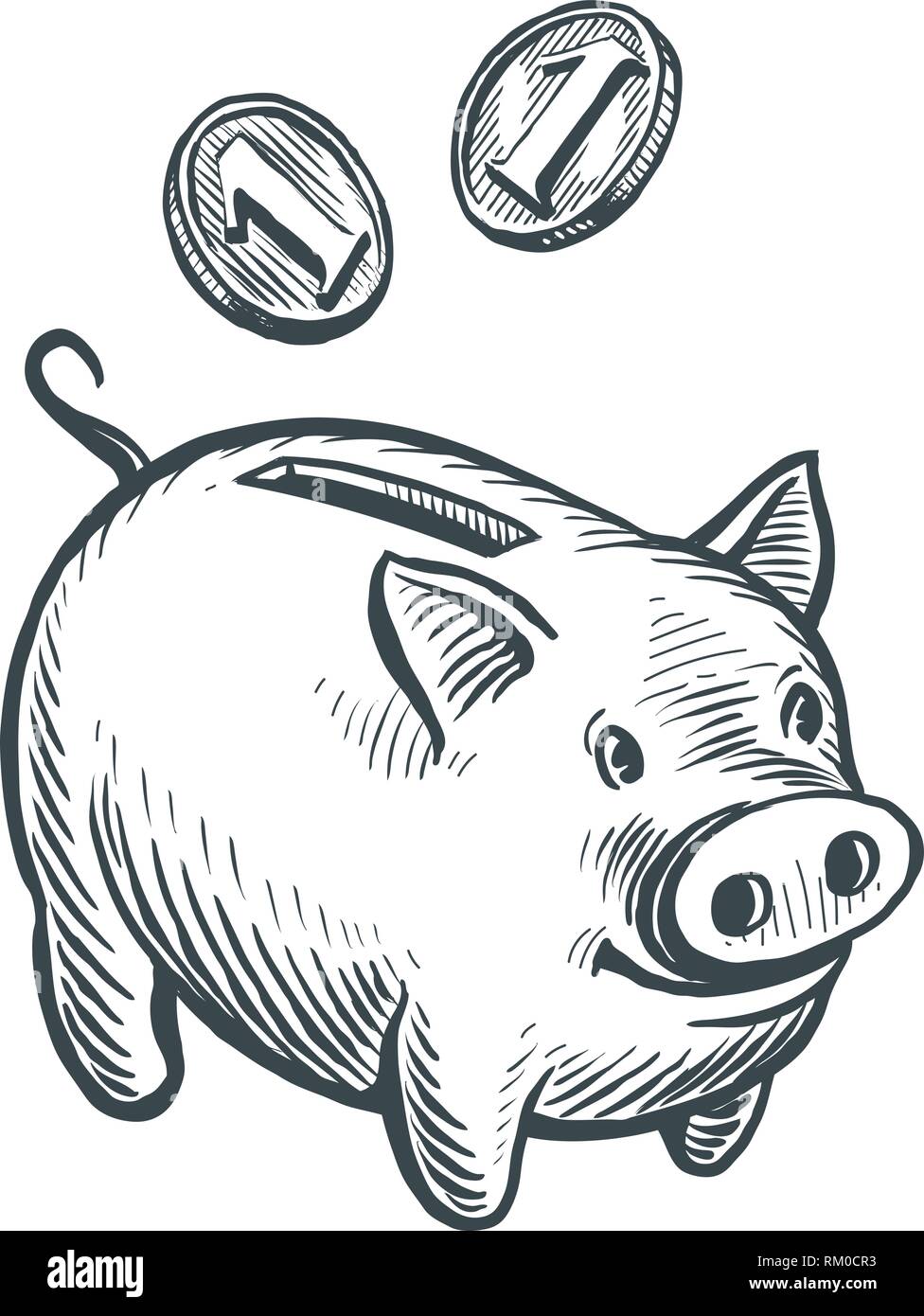 Tirelire et pièces, croquis. Concept d'affaires, bancaire. Hand drawn vector illustration Illustration de Vecteur