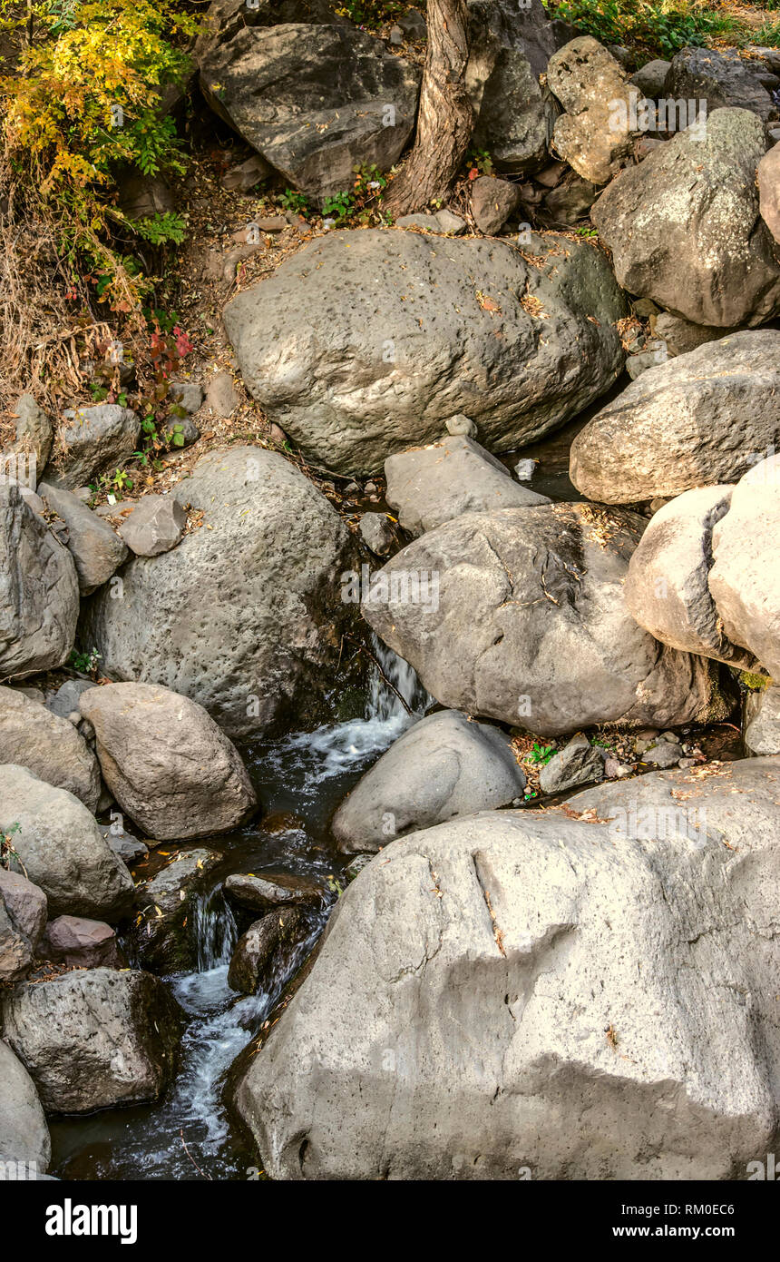 Une source avec de l'eau mousseuse jonché de grosses pierres parmi les herbes jaunies, coulant vers le bas dans la gorge de la montagnes Geghama en Arménie Banque D'Images