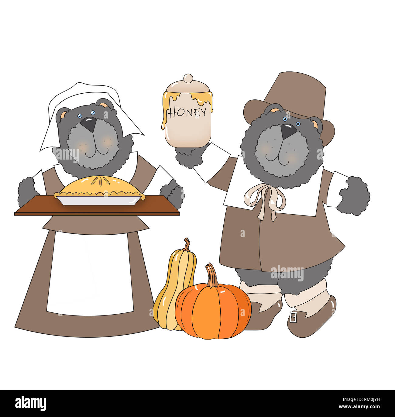 Illustration des ours mâles et femelles vêtues comme les pèlerins de l'action tenant le miel et pie sur un fond blanc. Banque D'Images