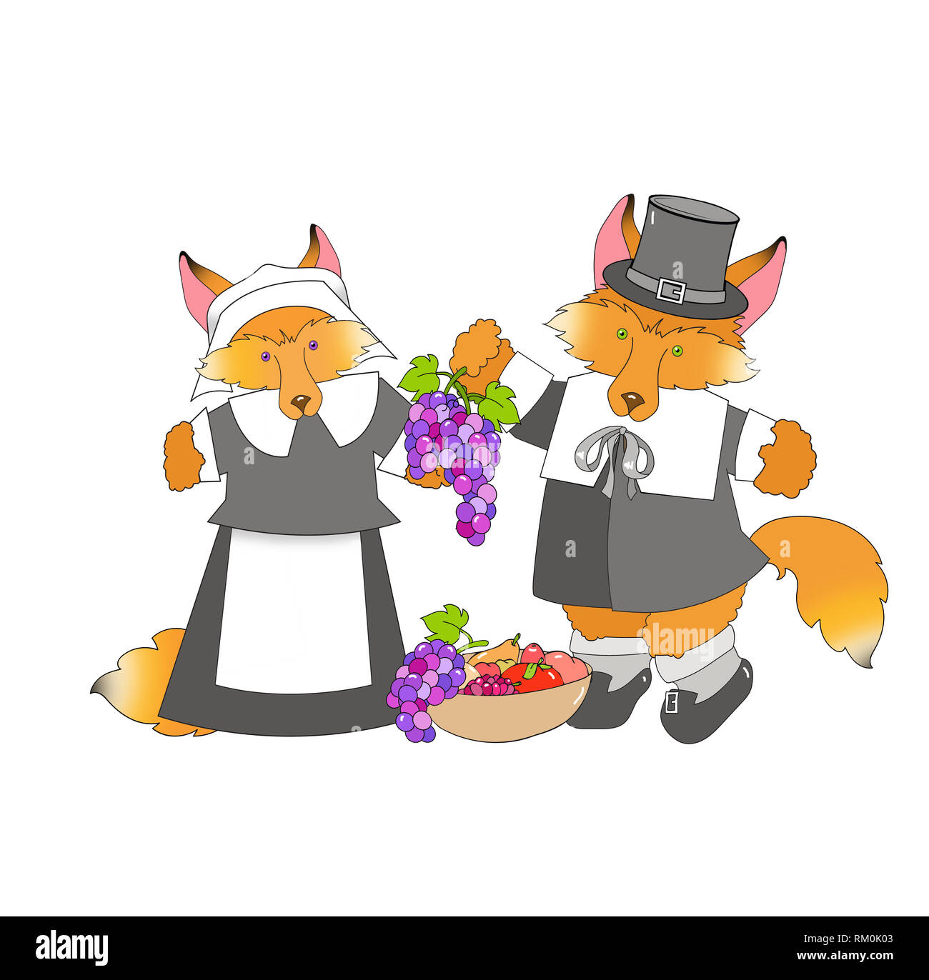 Illustration d'un mâle et femelle fox habillés en pèlerins Thanksgiving avec bol de raisins et de fruits sur un fond blanc. Banque D'Images