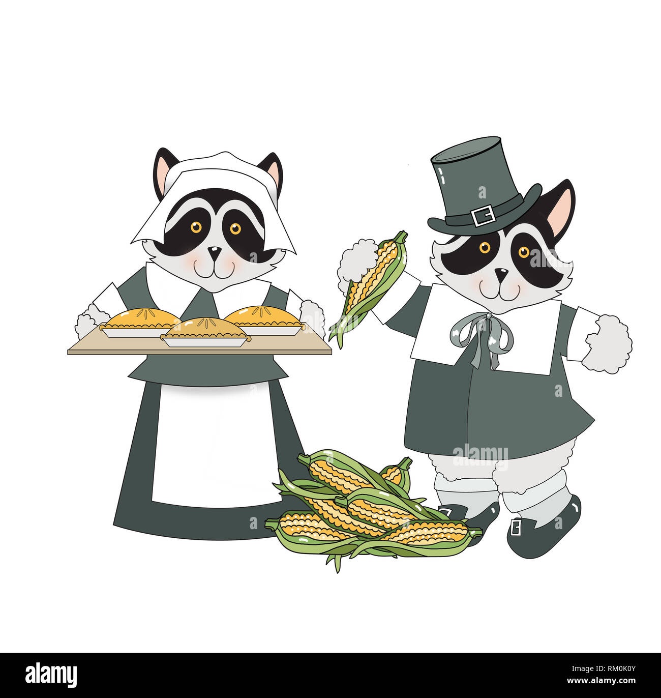 Illustration de l'homme et de la femme les ratons laveurs habillés comme des pèlerins de l'action de grâce, la tenue des tartes et des épis de maïs sur un fond blanc. Banque D'Images