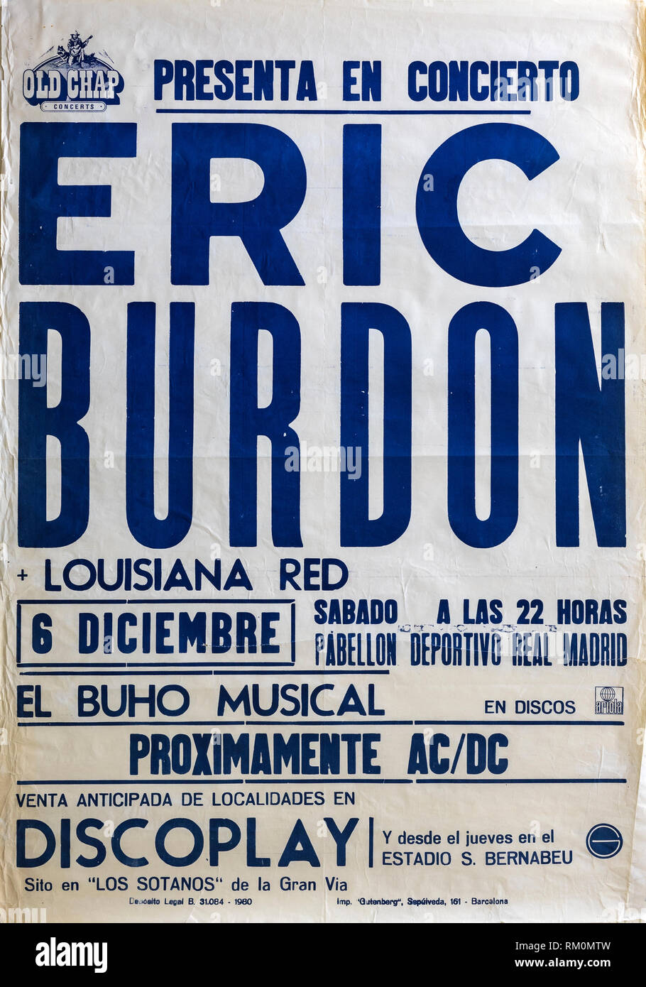 Eric Burdon, AC/DC tour Madrid 1980, concert poster Banque D'Images