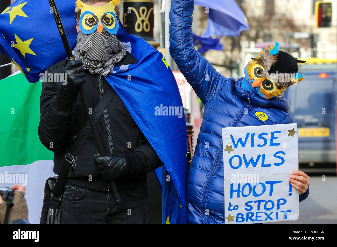 Anti-Brexit des manifestants sont vus avec des pancartes et des masques anti-Brexit lors d'une manifestation devant les Chambres du Parlement à Londres. Banque D'Images