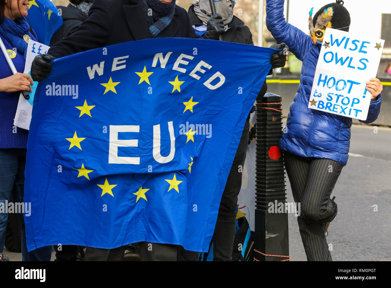 Anti-Brexit des manifestants sont vus avec un placard et une banderole lors d'un Brexit anti-manifestation devant les Chambres du Parlement à Londres. Banque D'Images