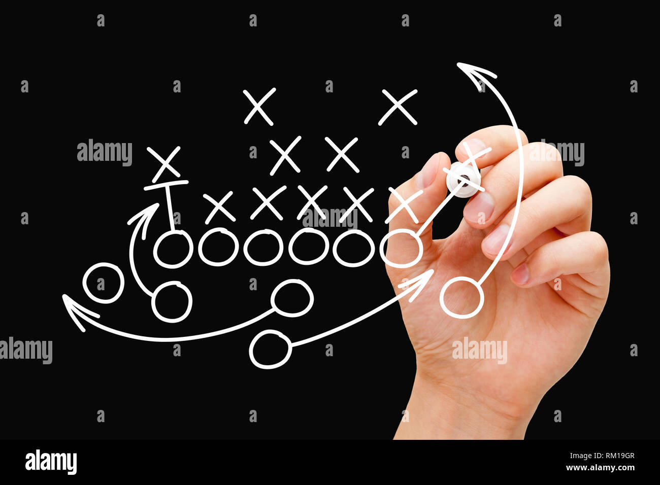 Dessin entraîneur américain de football ou de rugby plan de jeu, stratégie et tactique avec marqueur blanc transparent sur l'essuyer. Banque D'Images