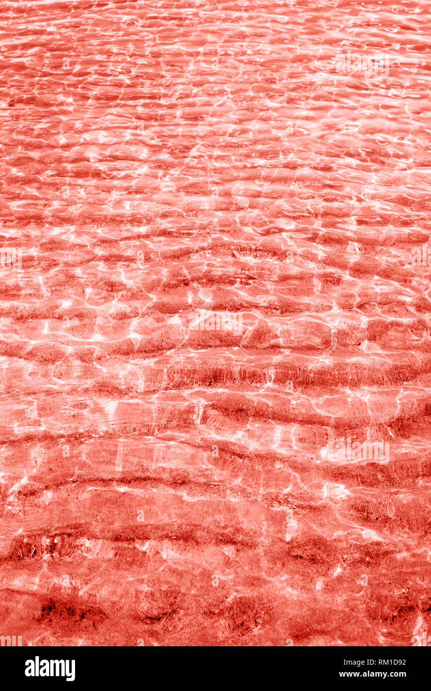 Texture eau océan de sable de plage arrière-plan. Photographie de tendance dans la nouvelle couleur de l'année 2019 - Corail vivant pantone. Banque D'Images