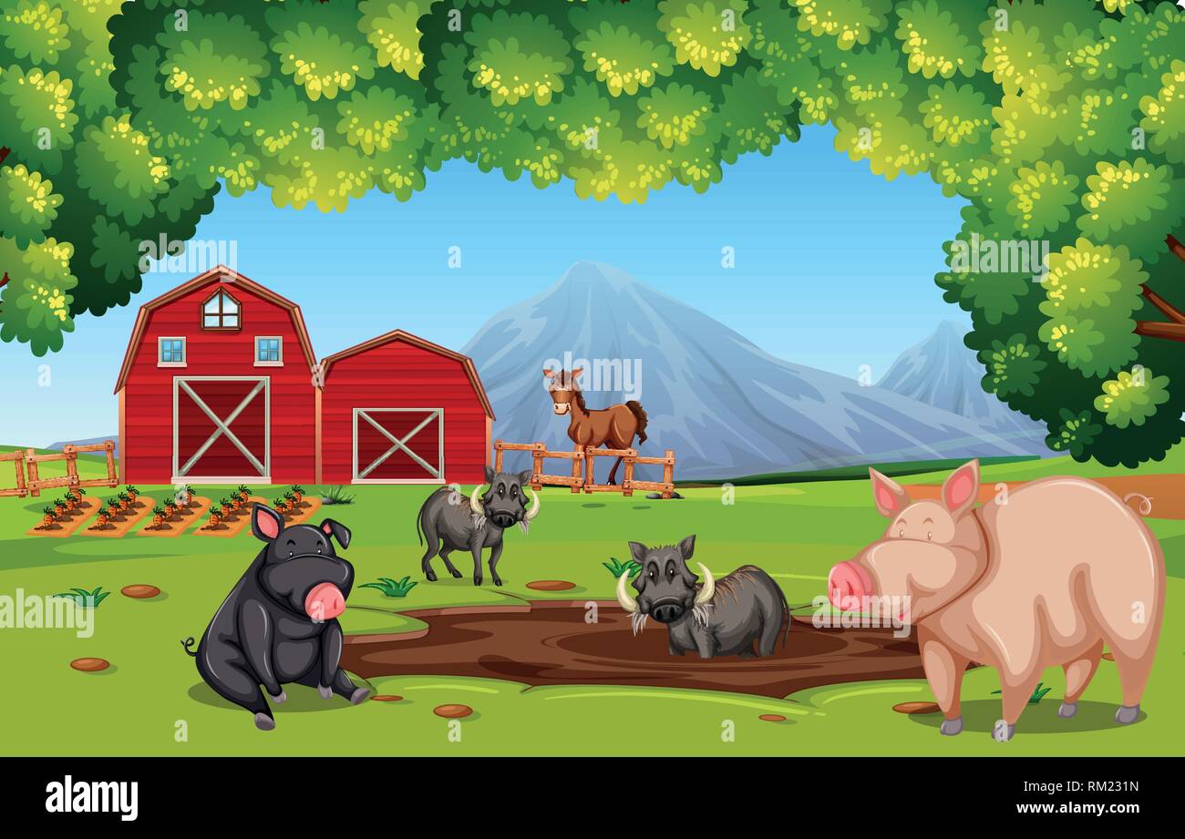 Scène de ferme avec des animaux illustration Illustration de Vecteur