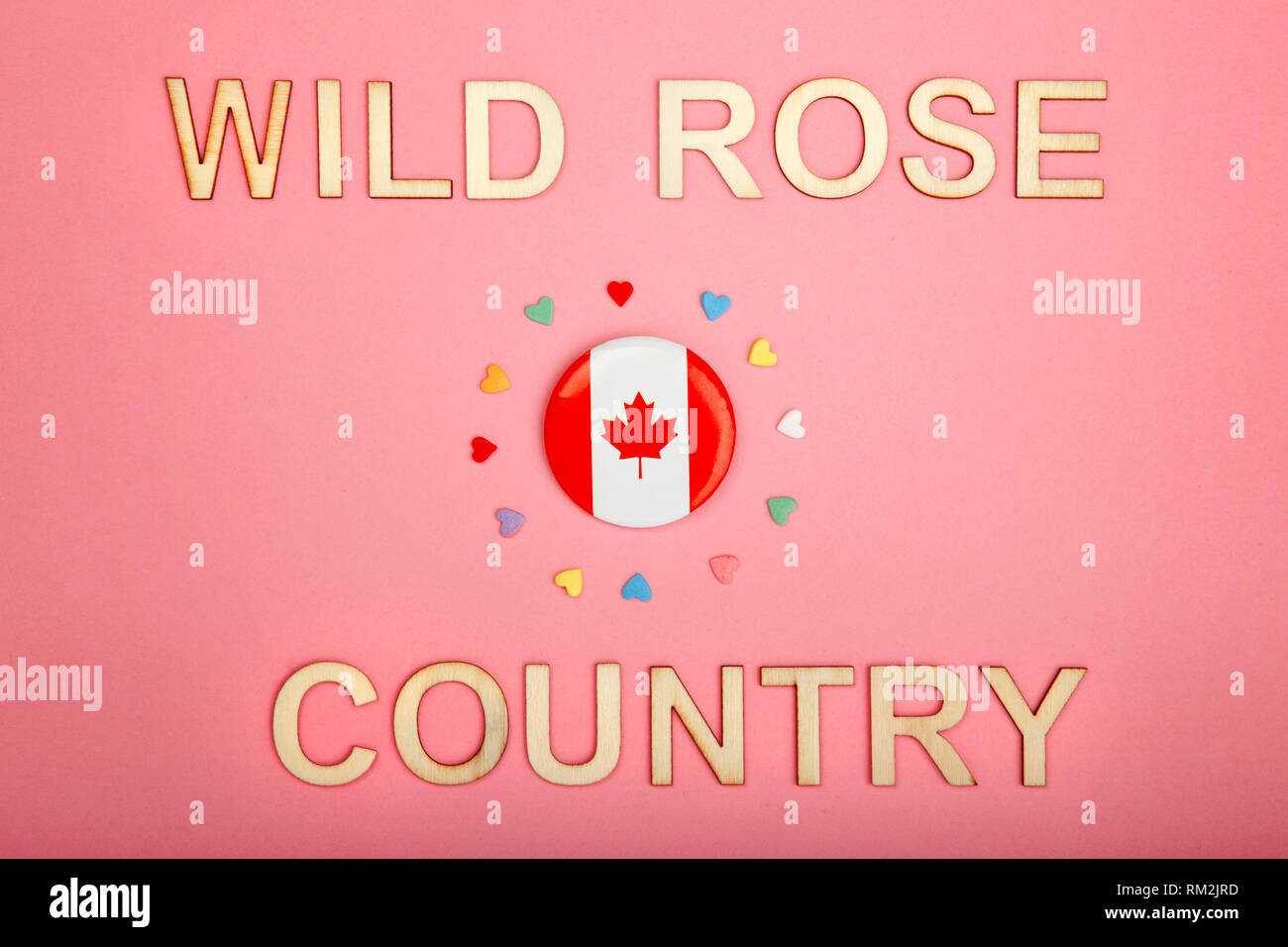 Bonne fête du Canada Carte postale avec des lettres en bois. Licence provinciale de l'Alberta slogan disant wild rose country et drapeau du Canada avec beaucoup de cœurs sur l Banque D'Images