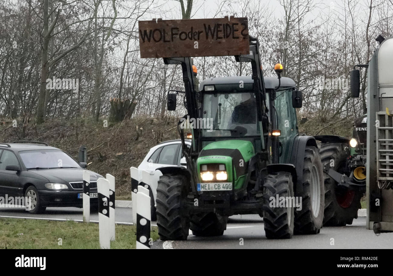 13 février 2019, le Schleswig-Holstein, Le Croisic : démonstration de propriétaires d'animaux qui viennent avec un tracteur avec l'inscription 'Wolf oder Weide ?' à un blocus sur l'action spontanée de la route fédérale B203. Les moutons les agriculteurs demandent une meilleure protection de leurs animaux contre les attaques de loups. Photo : Carsten Rehder/dpa Banque D'Images