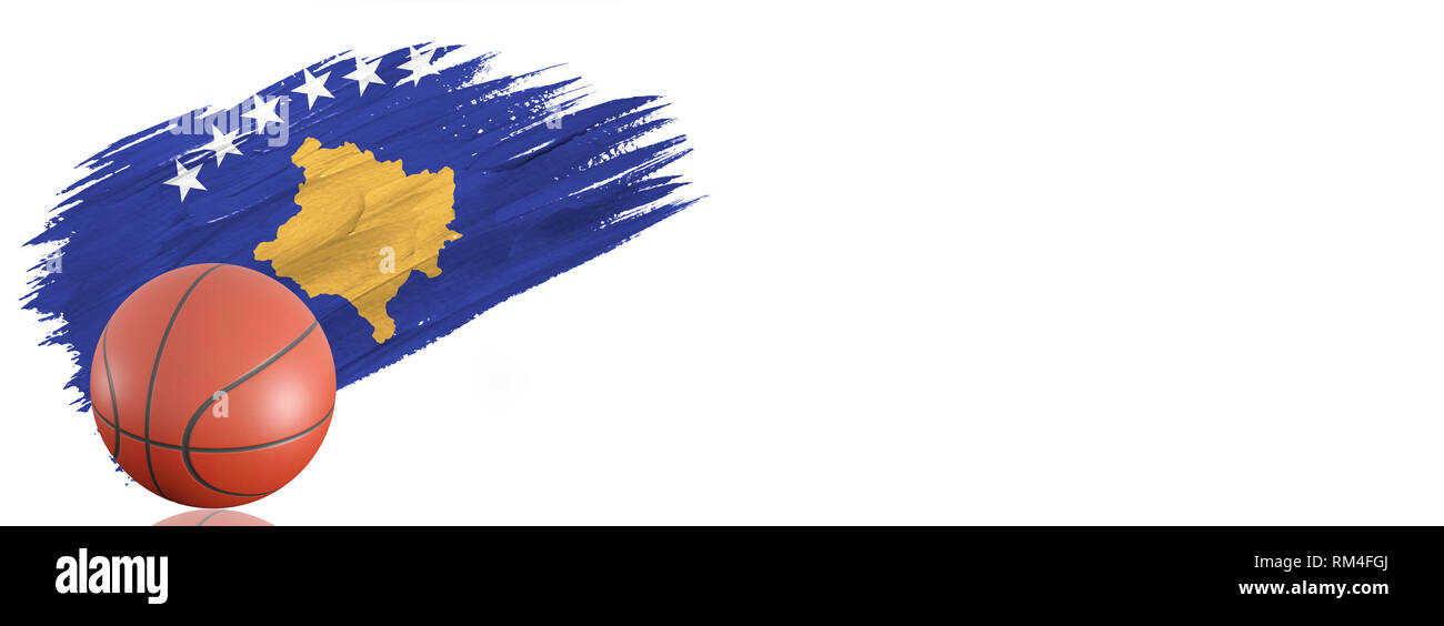 Coup de pinceau peint dans le drapeau du Kosovo. Bannière de basket-ball avec design classique isolé sur fond blanc avec place pour votre texte. Banque D'Images