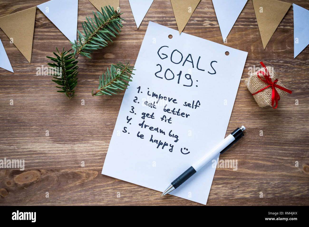 Vue de dessus du bloc-notes avec liste des objectifs du concept de plan, Banque D'Images