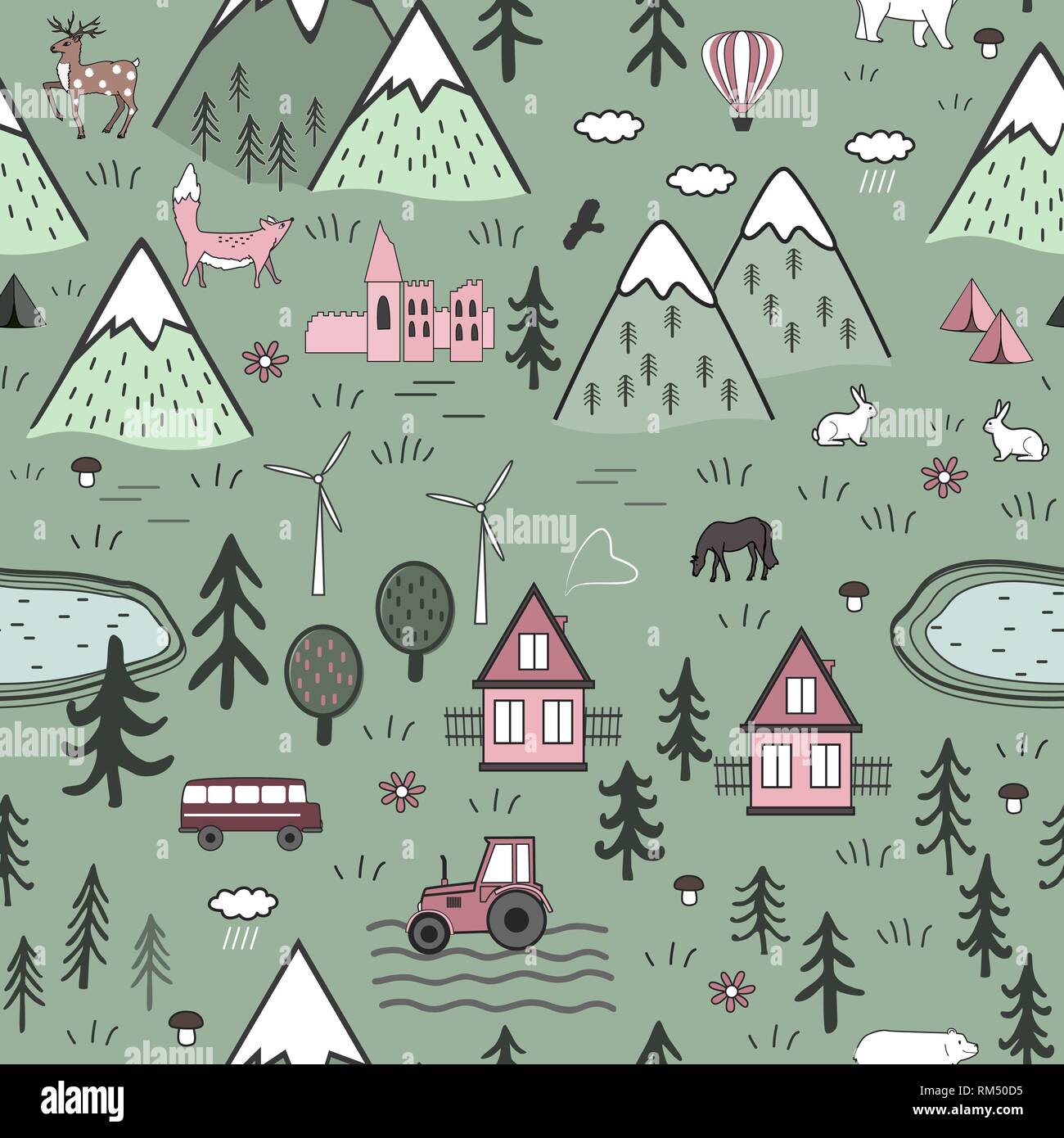 Cute Vector scandinave dessiné à la main avec motif transparent maisons, animaux, arbres, vieux château et les montagnes. Nature paysage nordique concept. Illustration de Vecteur