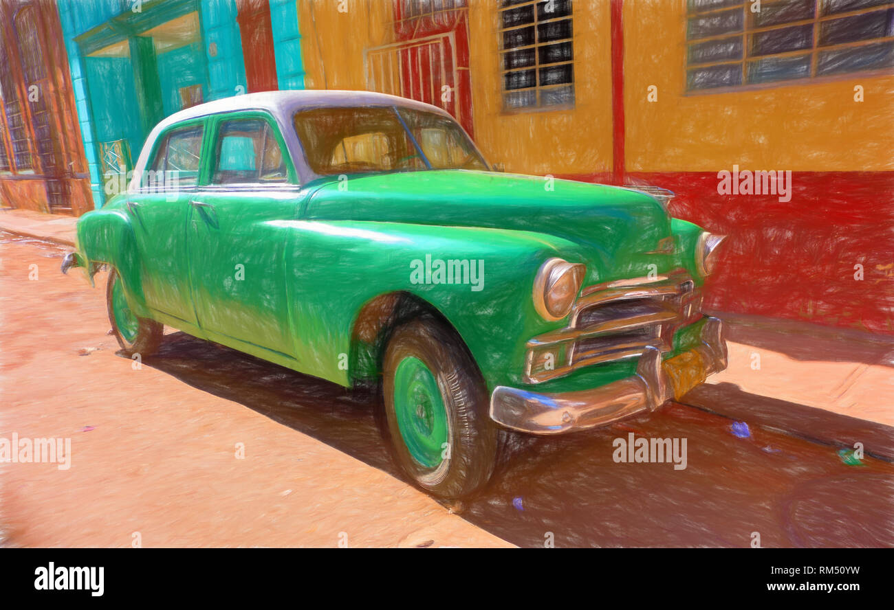 Dessin numérique d'une voiture américaine classique dans les rues de la vieille Havane, Cuba. Banque D'Images