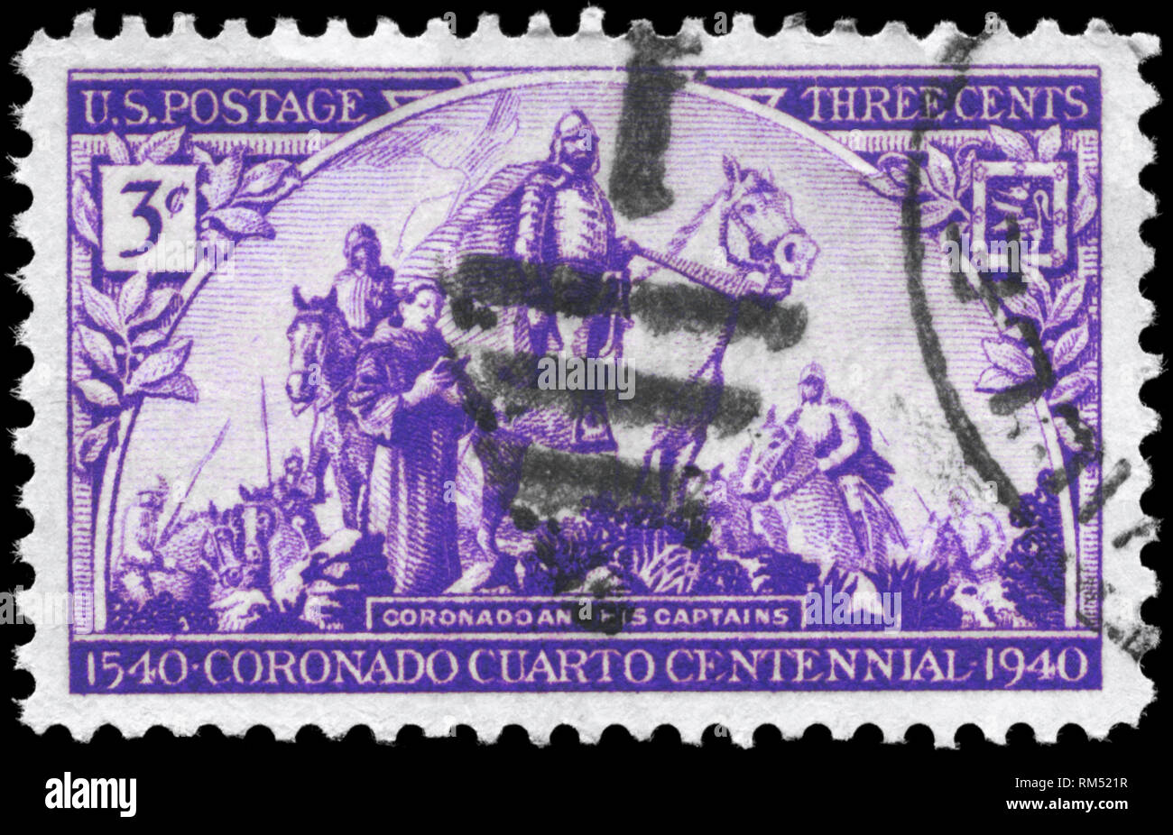 USA - VERS 1940 : timbre imprimé aux États-Unis montre la "Coronado et ses capitaines", par Gerald Cassidy, consacré à 400e anniv. de l'expédition de Coronado, Banque D'Images