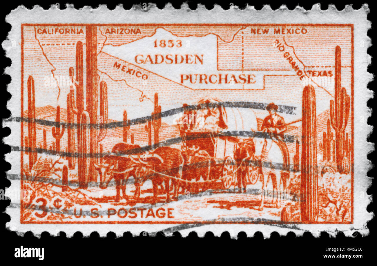 USA - VERS 1953 : timbre imprimé aux États-Unis consacrée à l'occasion du centenaire de l'achat de James Gadsden territoire du Mexique, vers 1953 Banque D'Images