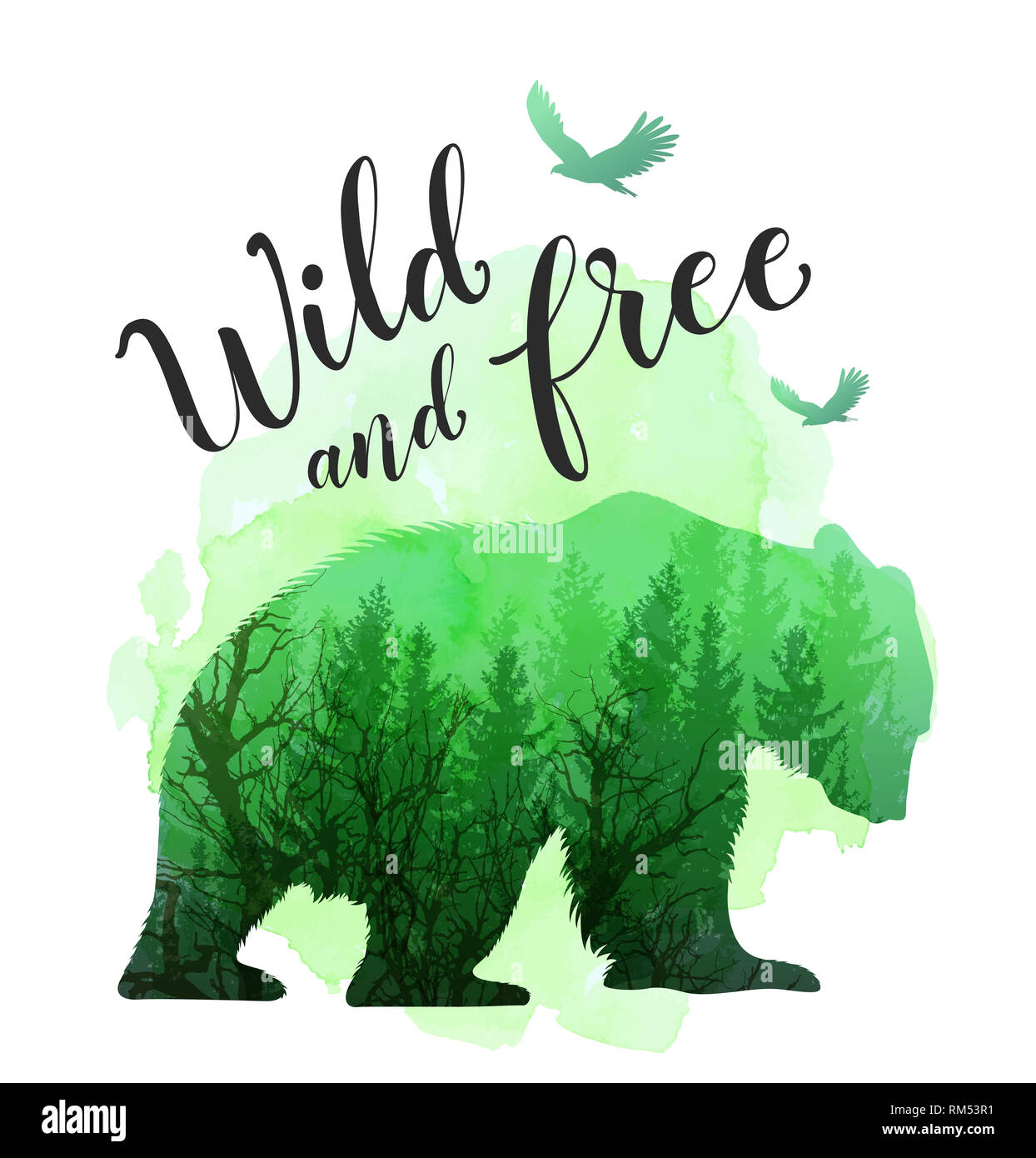 Silhouette verte d'un ours sauvage, arbre et la calligraphie. La vie sauvage dans la nature. Illustration avec la texture aquarelle vert. Banque D'Images