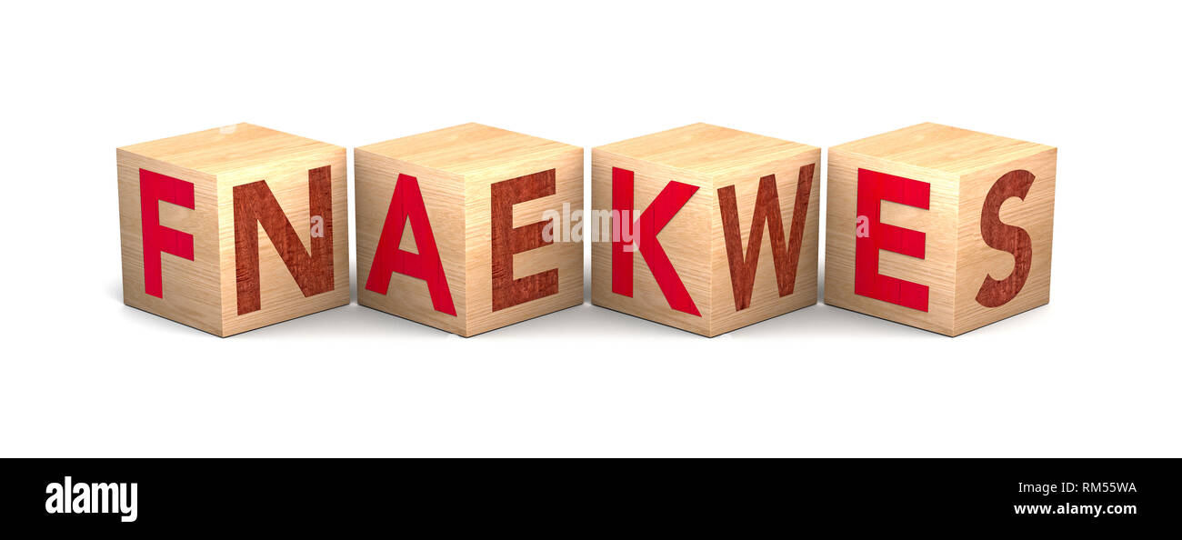 Bloc cube en bois sur fond blanc avec word fake news. Concept. Junk news désinformation délibérée ou canulars Banque D'Images