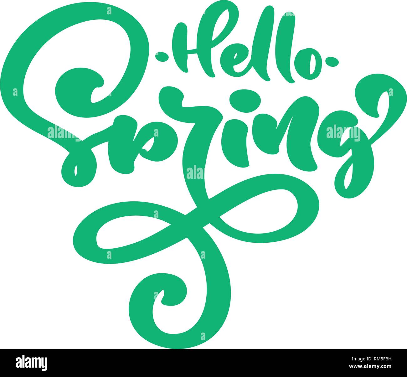 Lettrage Calligraphie vert expression Bonjour Printemps. Vector Hand Drawn texte isolé. croquis design doodle pour carte de souhaits, Album, imprimer Illustration de Vecteur
