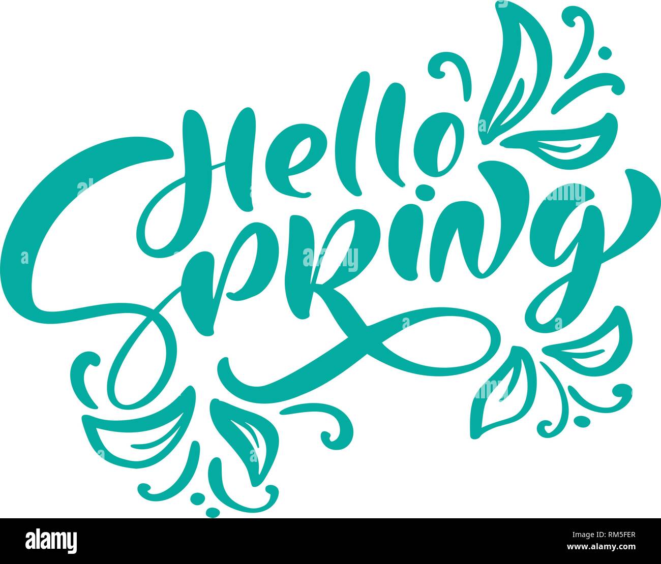 Lettrage Calligraphie vert expression Bonjour Printemps. Vector Hand Drawn texte isolé. croquis design doodle pour carte de souhaits, Album, imprimer Illustration de Vecteur
