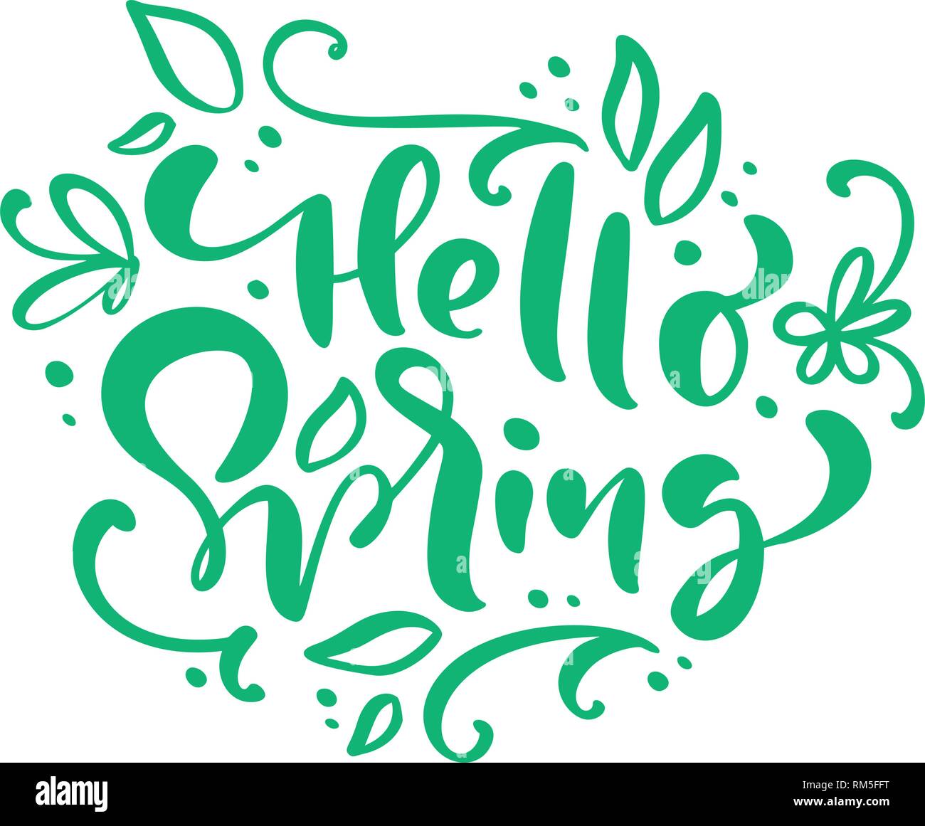 Bonjour Printemps lettrage calligraphie expression Bonjour Printemps. Vector Hand Drawn texte isolé. croquis design doodle pour carte de souhaits, Album, imprimer Illustration de Vecteur