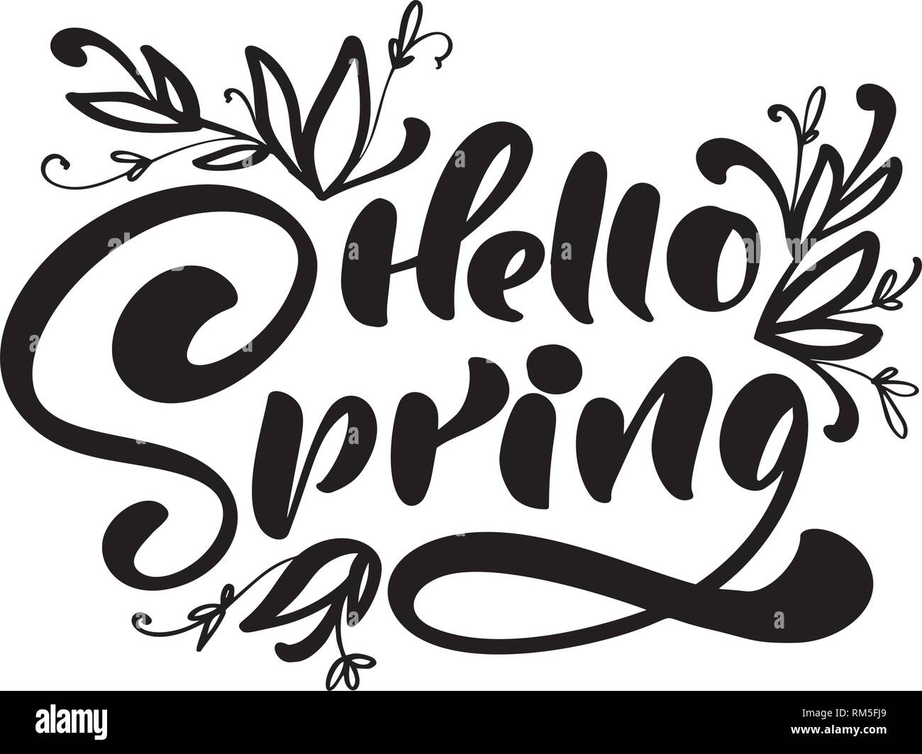 Lettrage calligraphie expression Bonjour Printemps. Vector Hand Drawn texte isolé. croquis design doodle pour carte de souhaits, Album, imprimer Illustration de Vecteur