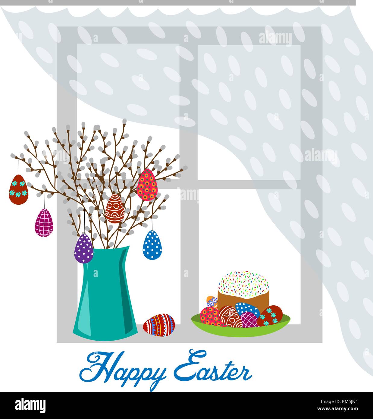 Vase Plat avec des branches au printemps, les oeufs peints et sur la fenêtre de gâteau de Pâques isolé sur un fond blanc. Vector Illustration de Vecteur