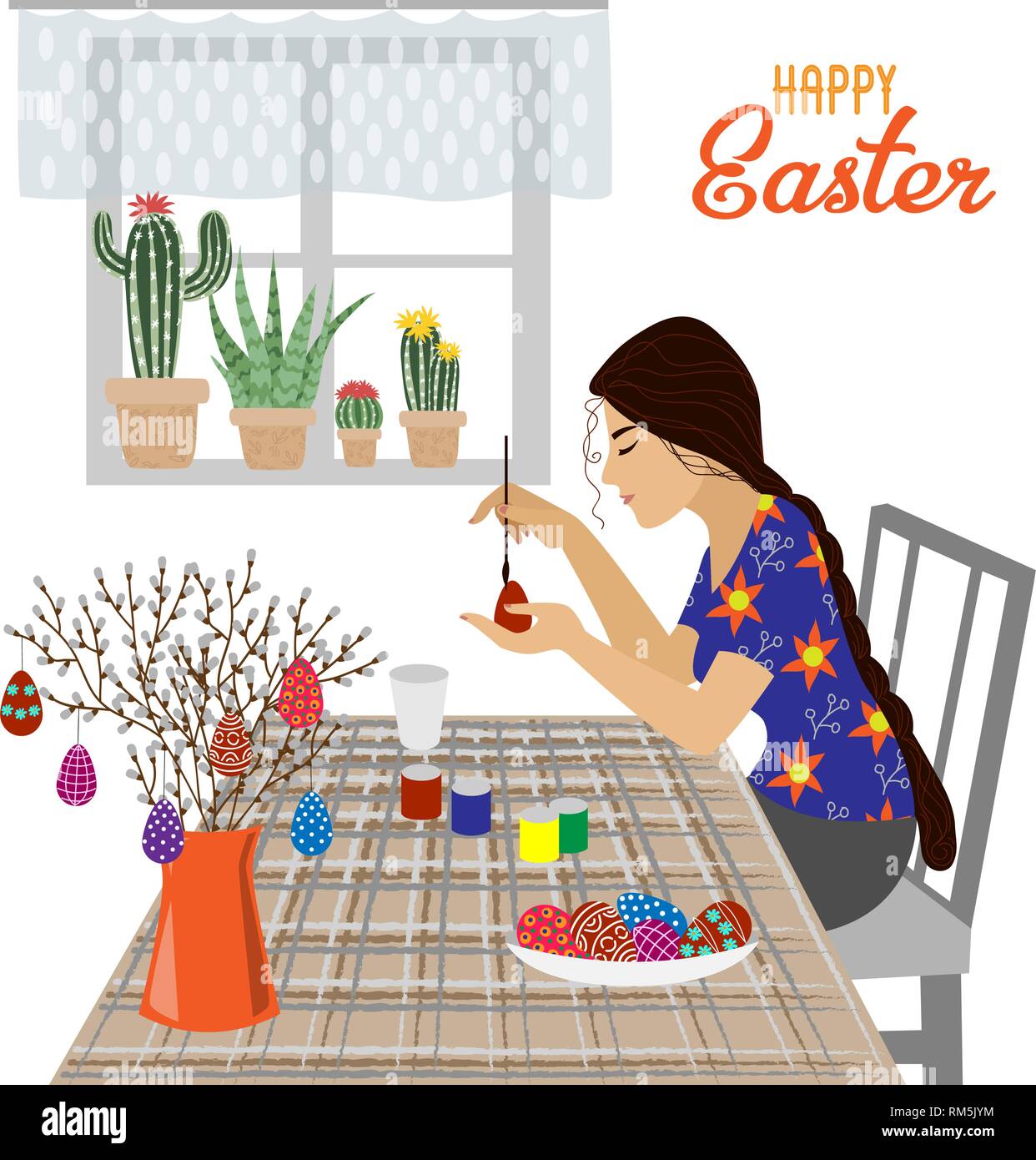 La jeune fille à la table peint des oeufs de Pâques. Vector isolé sur fond blanc Illustration de Vecteur