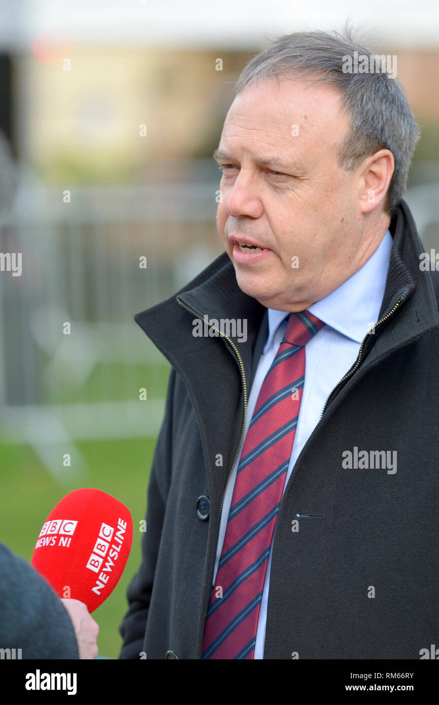 Nigel Dodds MP (DUP) du Nord Belfast : chef adjoint de la DUP à Westminster, interviewé sur College Green, Westminster, London Feb 2019 Banque D'Images