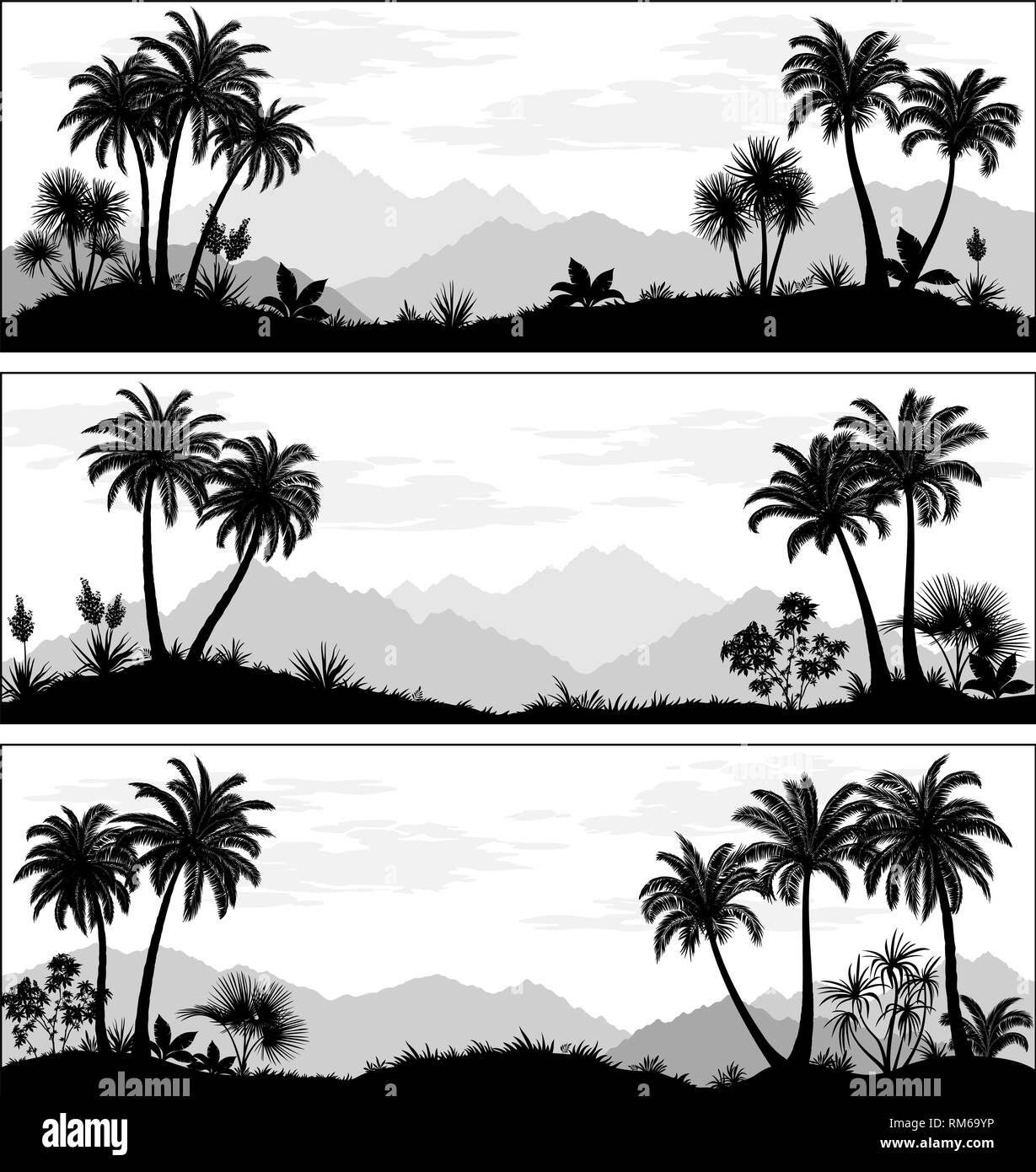 Définir des paysages exotiques, de palmiers, de plantes tropicales, de fleurs et de montagnes noir et gris de silhouettes. Vector Illustration de Vecteur