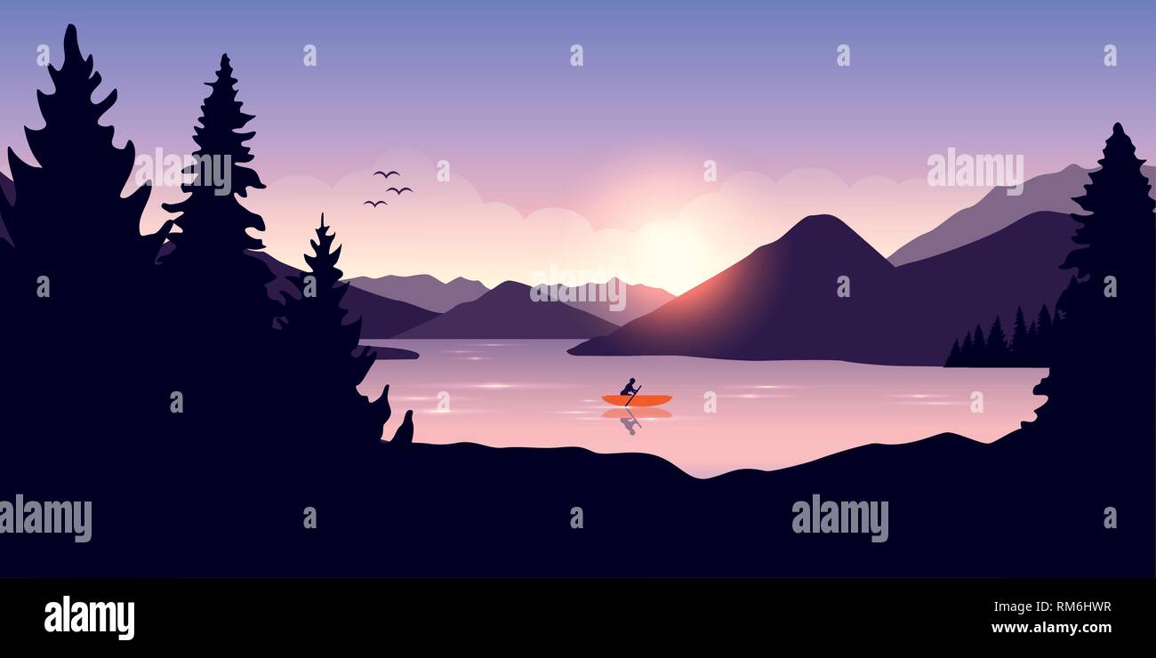 Canot solitaire avec orange voile au lever du soleil sur le lac illustration vecteur EPS10 Illustration de Vecteur