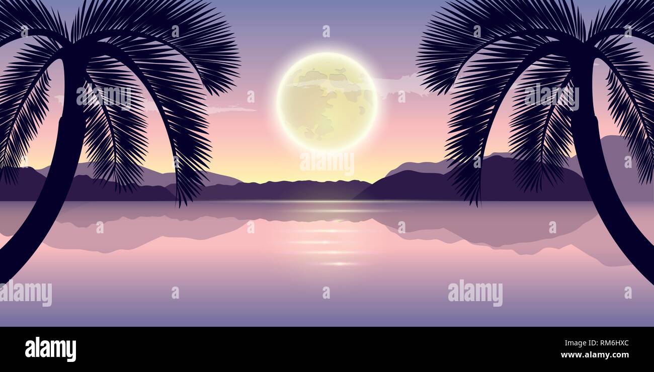 Magnifique lac de nuit avec des palmiers et la pleine lune de violet vector illustration paysage EPS10 Illustration de Vecteur