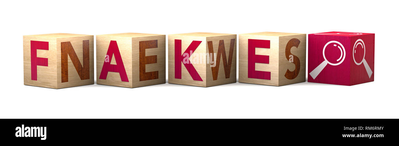 Bloc cube en bois sur fond blanc avec word fake news. Concept. Junk news désinformation délibérée ou canulars Banque D'Images
