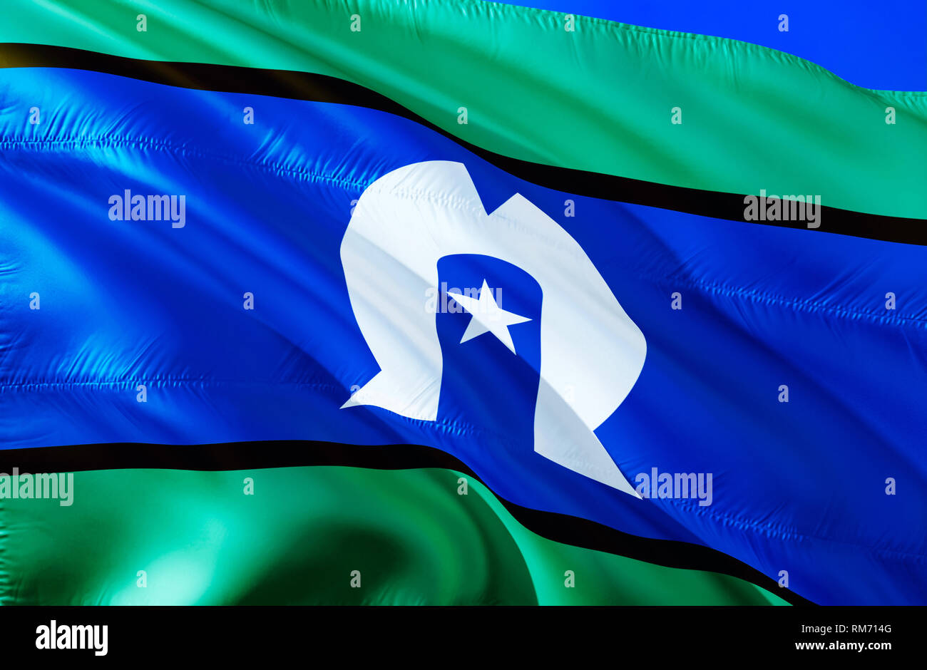 Drapeau du détroit de Torres. Waving Flag 3D design. Le symbole national de Torres Strait Islanders, rendu 3D. Les couleurs du drapeau national et national o Banque D'Images