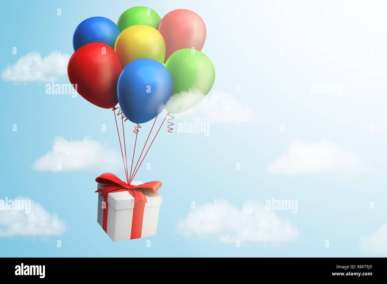 Le rendu 3D de boîte-cadeau avec ruban rouge lié aux ballons colorés sur fond de ciel bleu Banque D'Images