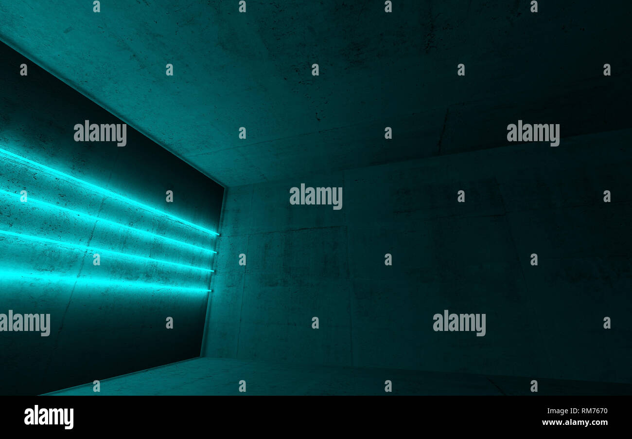 Résumé Contexte intérieur béton foncé avec quatre lignes horizontales neon light cyan sur le mur, illustration 3D render Banque D'Images