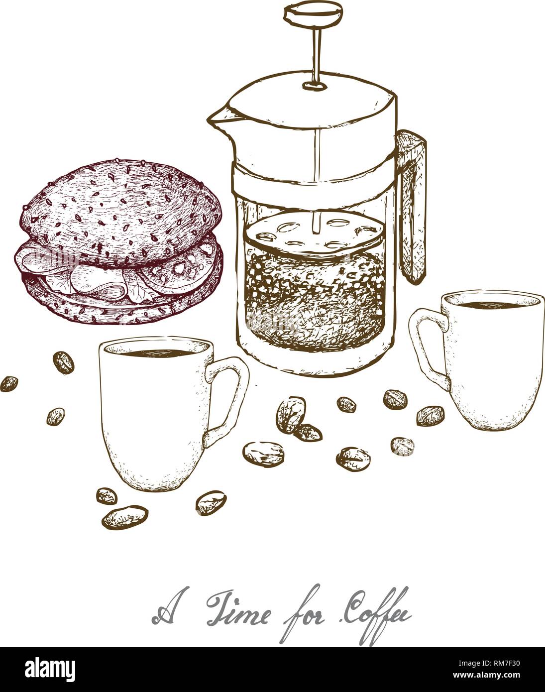 Temps pour le café, par contre l'Illustration Croquis de pain à grains  entiers avec Sandwich French Press Pot ou cafetière à un piston, d'un café  traditionnel français Image Vectorielle Stock - Alamy