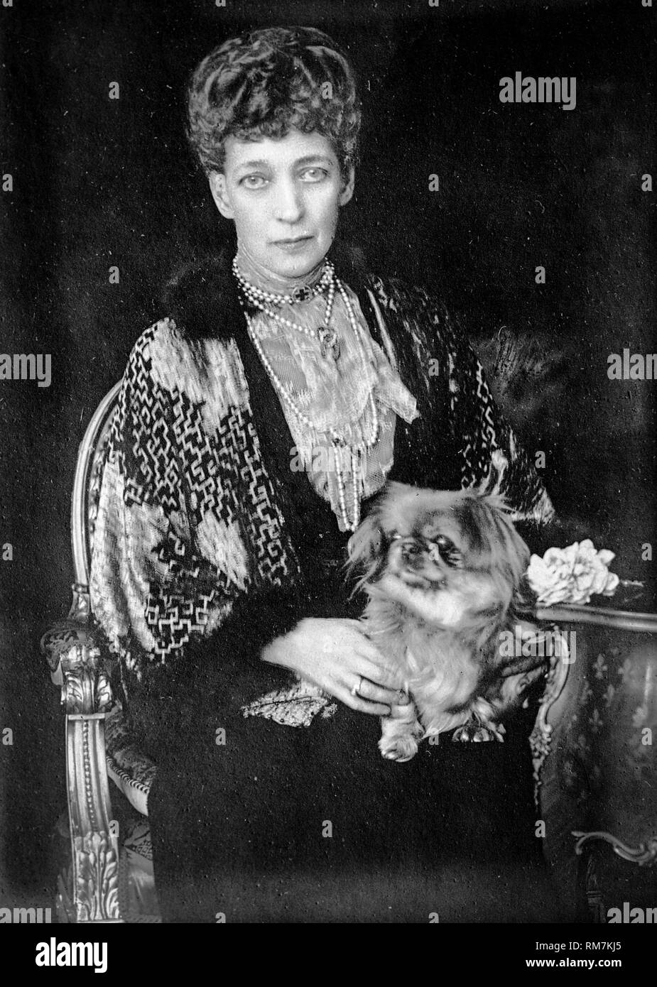 Alexandra de Danemark en tant que Reine Mère, anciennement Reine Consort d'Édouard VII du Royaume-Uni, portrait avec chien, photographie 1923 Banque D'Images