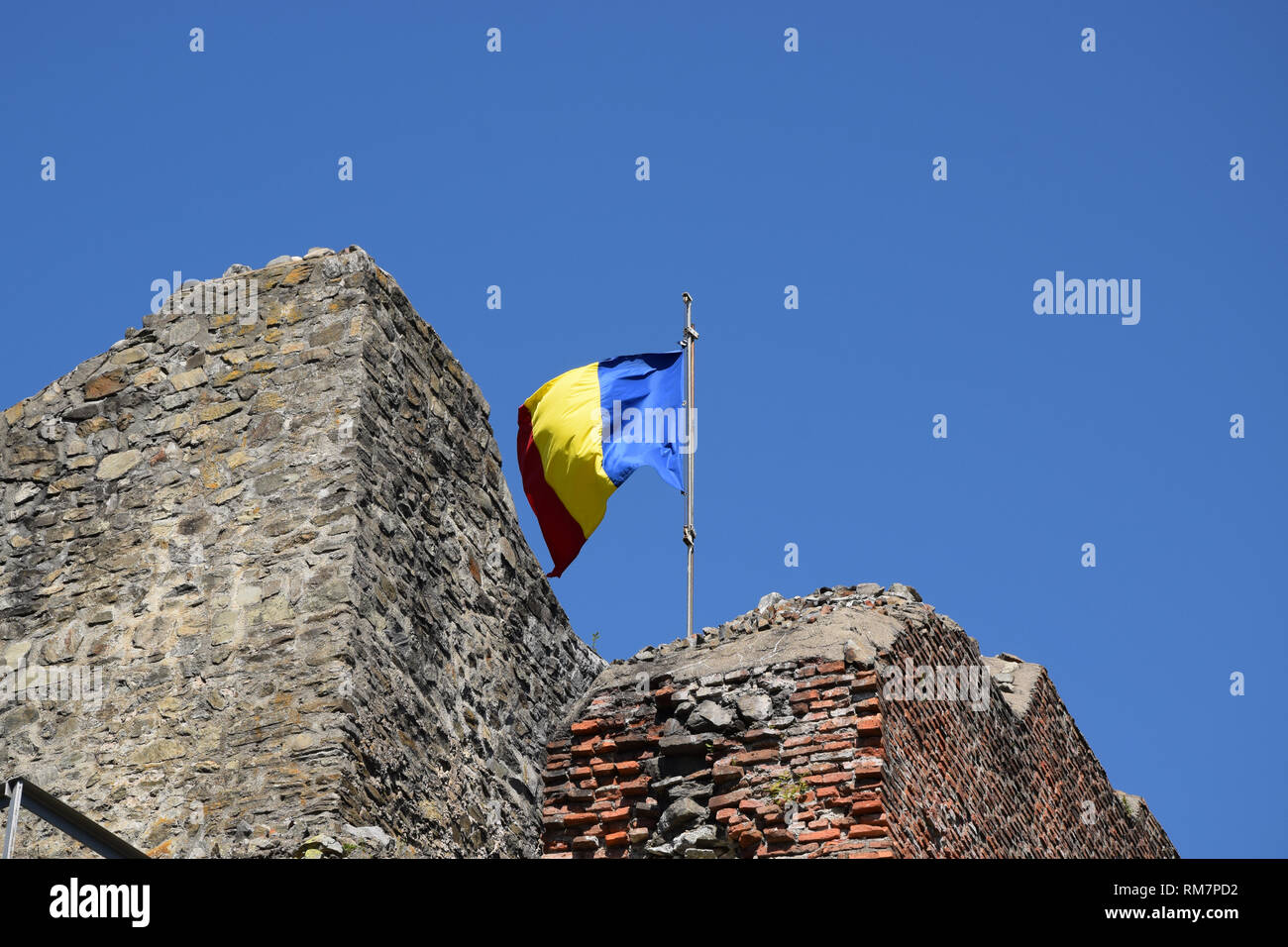 Brandir le drapeau roumain dans le vent à la ruine de château Poenari. Roumanie drapeau national. Banque D'Images
