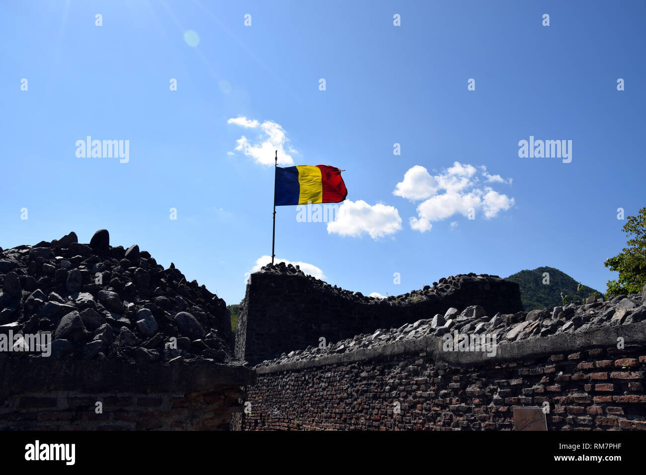 Brandir le drapeau roumain dans le vent à la ruine de château Poenari. Roumanie drapeau national. Banque D'Images