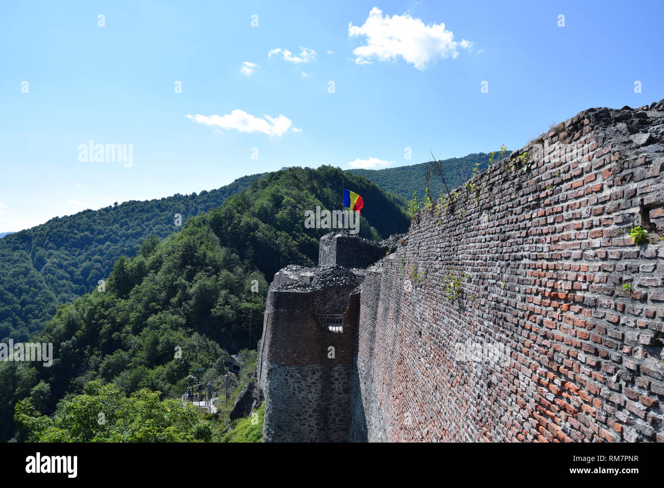Brandir le drapeau roumain dans le vent à la ruine de château Poenari. Roumanie drapeau national. Banque D'Images