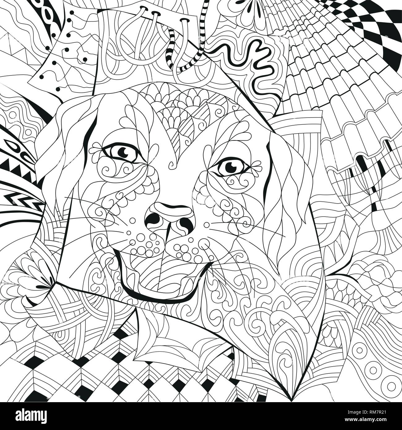 Style zentangle chien aux lignes épurées pour un livre à colorier pour anti stress, T - shirt, tatouages et autres décorations Illustration de Vecteur