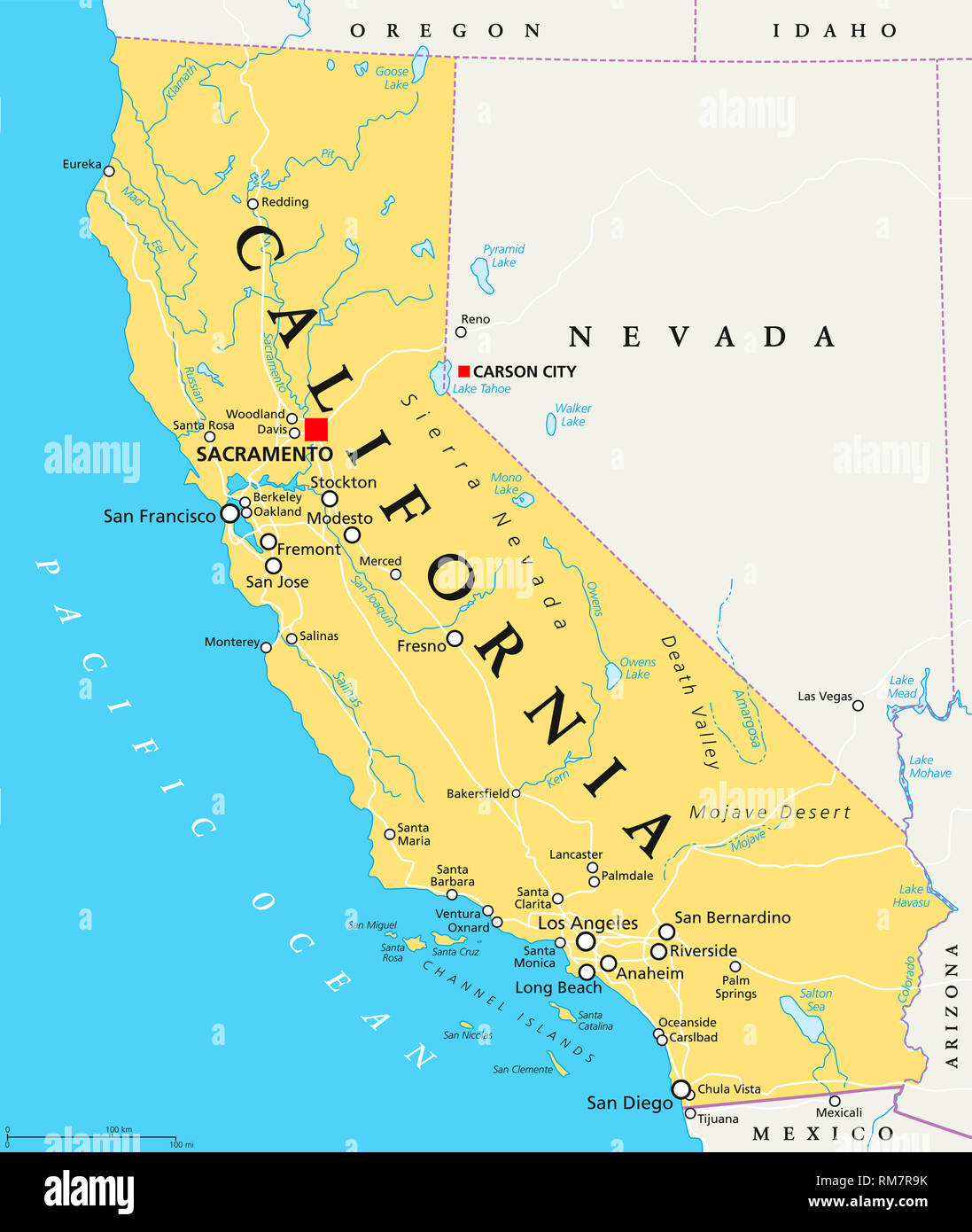 Carte politique de la Californie, Sacramento capital avec d'importantes villes, rivières, lacs. État dans la région du Pacifique des États-Unis. L'illustration. Banque D'Images